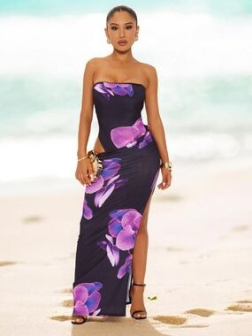 Strapless Black Maxi Dress with Purple Floral Print. NWT . Size S and XL